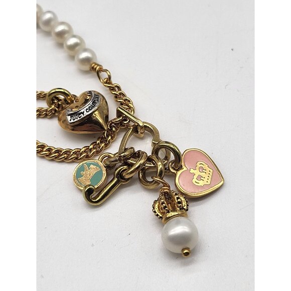 JUICY COUTURE Gold Tone Double Strand Charm Necklace Puffy Heart Spell out Pearl - Picture 4 of 11